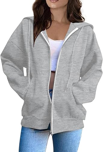 OIOLOYJM Zipper Hoodies for Women Long Sleeve Oversized Sweatshirts Y2k Drawstring Soft Jacket 2025 Fall Fashion with Pockets