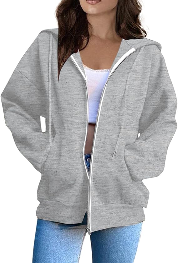 OIOLOYJM Zipper Hoodies for Women Long Sleeve Oversized Sweatshirts Y2k Drawstring Soft Jacket 2025 Fall Fashion with Pockets