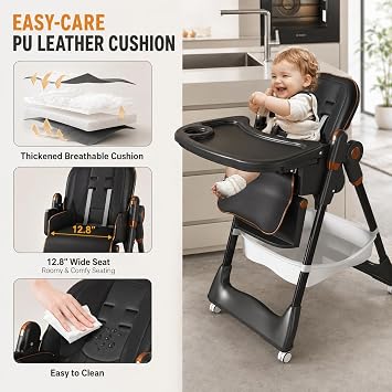 Baby High Chair for Babies and Toddlers, Foldable Feeding Chair with Wheels, Adjustable Seat Height, Backrest, Footrest, Removable Tray, PU Cushion, 5-Point Harness, Black