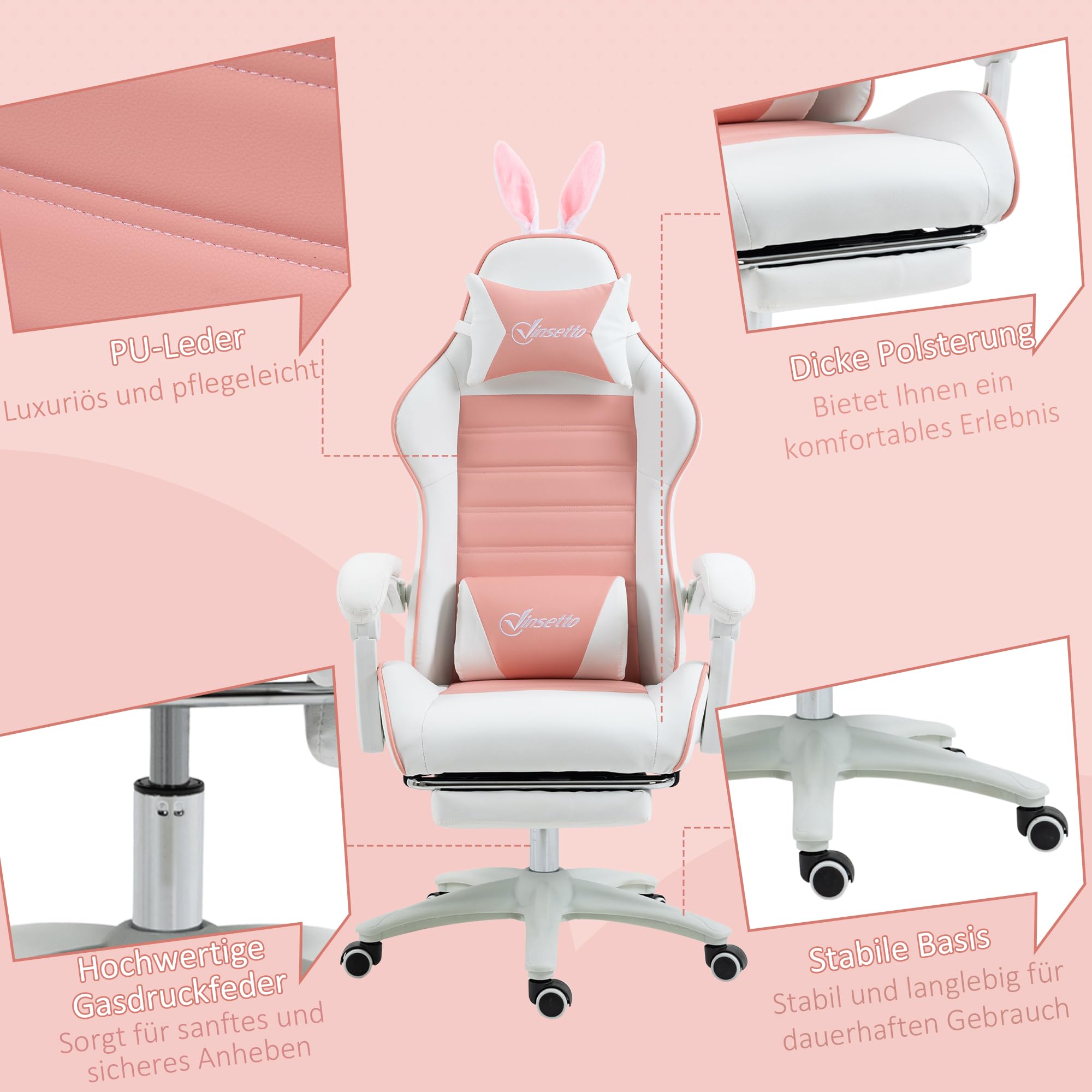 Vinsetto Gaming Stuhl mit Lendenwirbelstütze Fußstütze Kopfkissen Rosa | Ergonomischer Gamer Stuhl, Gaming Sessel mit Hasenohren, Bürostuhl mit Verstellbare Rückenlehne Liegefunktion
