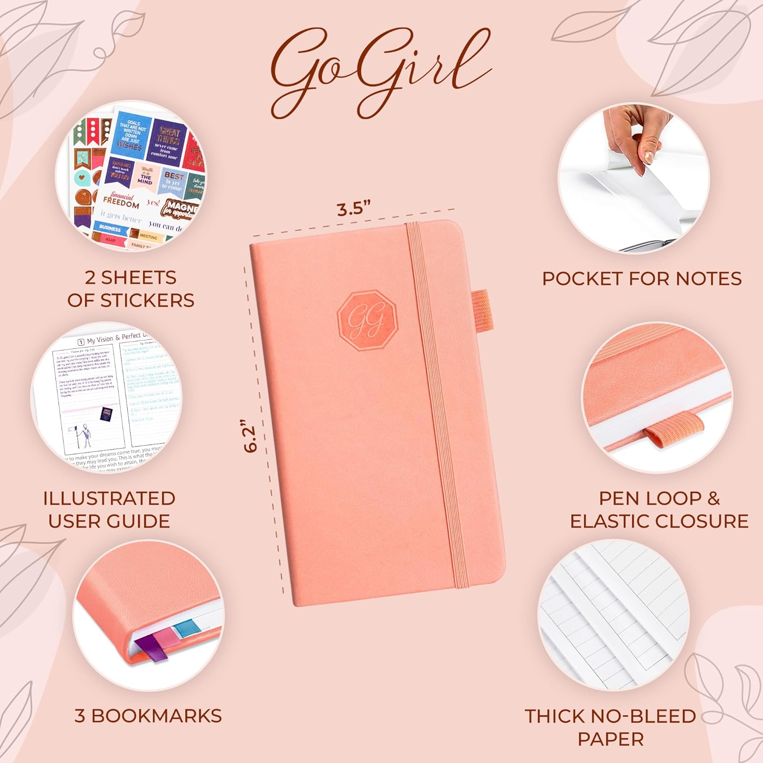 GoGirl Planner and Organizer for Women – Pocket Weekly Planner, Goals Journal & Agenda for Time Management & Productivity. Undated (Peach Pink)