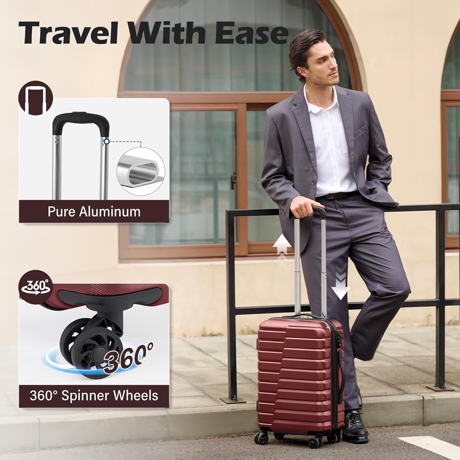 Coolife Luggage Sets, 3 Piece Hard Shell Suitcase Set with Spinner Wheels, Expandable Large Checked Luggage, Lightweight Rolling Carry On with TSA Lock Wine Red - Image 4