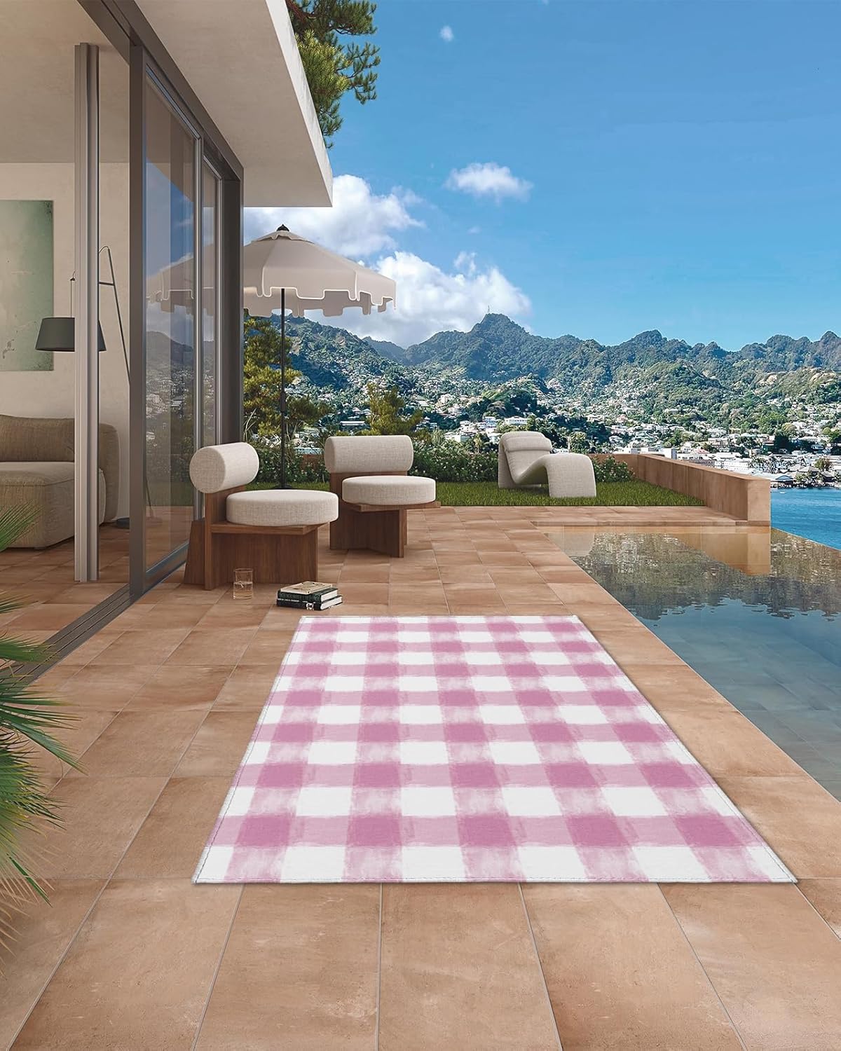 Outdoor Rug 4x6 ft Buffalo Check Outdoor Large Area Rug Non Slip Rubber Pink Plaid Farmhouse Washable Front Door Mat RV Rug Camping Carpet Patio Outdoor Rugs for Backyard Balcony Deck Porch Indoor