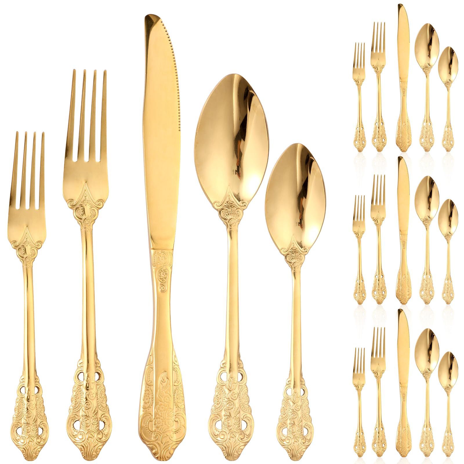 Cutlery Set 20 Pcs Stainless Steel Flatware Set with Matte Polish Service for 4 Fine Silverware Set with Spoon Knife and Fork for Home Party Restaurant Dishwasher Safe (Gold I)