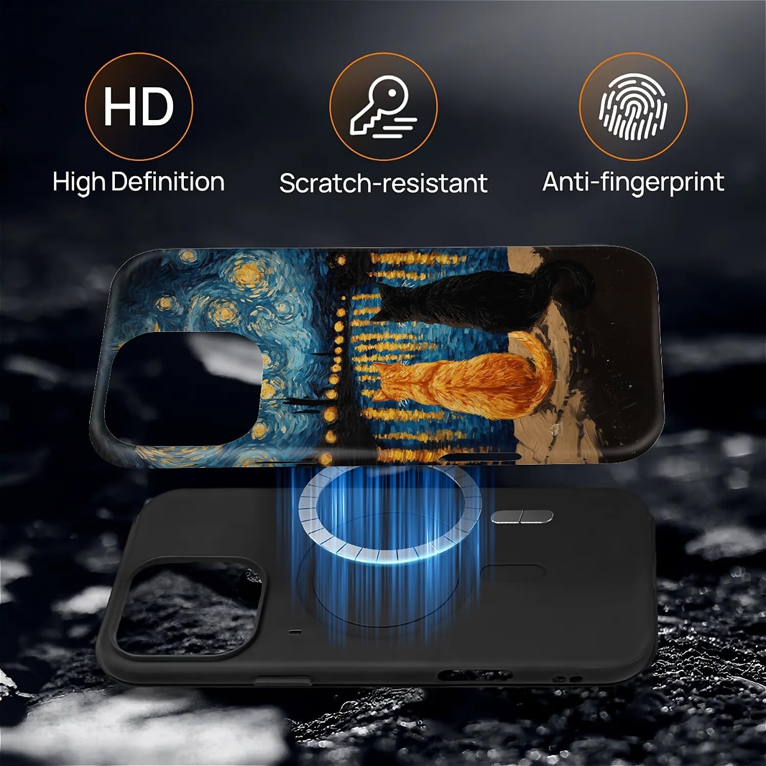 CARLOCA Custodia protettiva lucida per iPhone 16 Pro, compatibile con Magsafe, custodia protettiva lucida per ragazza e ragazzo, antiurto, carica magnetica, motivo pittura a olio, arancione e nero