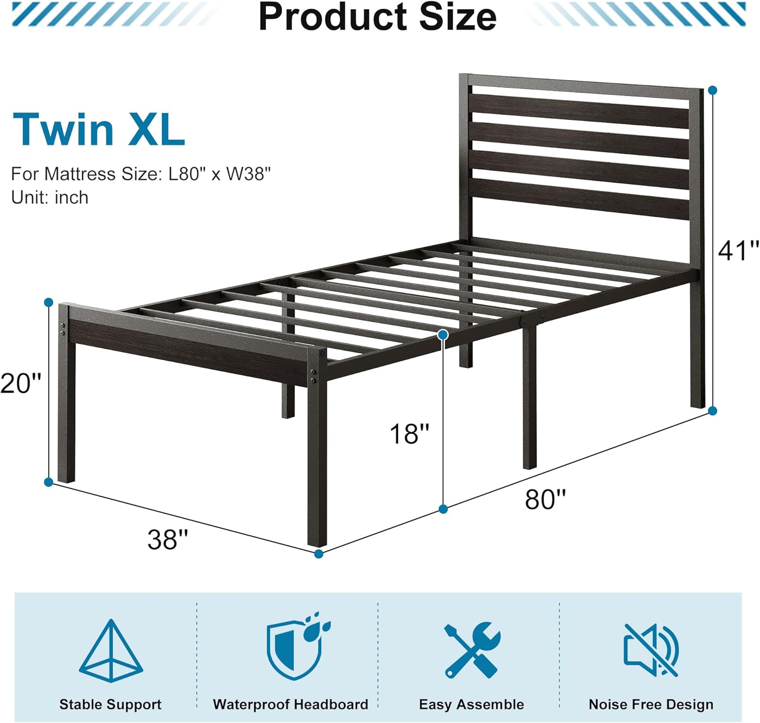 Diagram illustrating the dimensions of the Twin XL bed frame, including length, width, and headboard height.