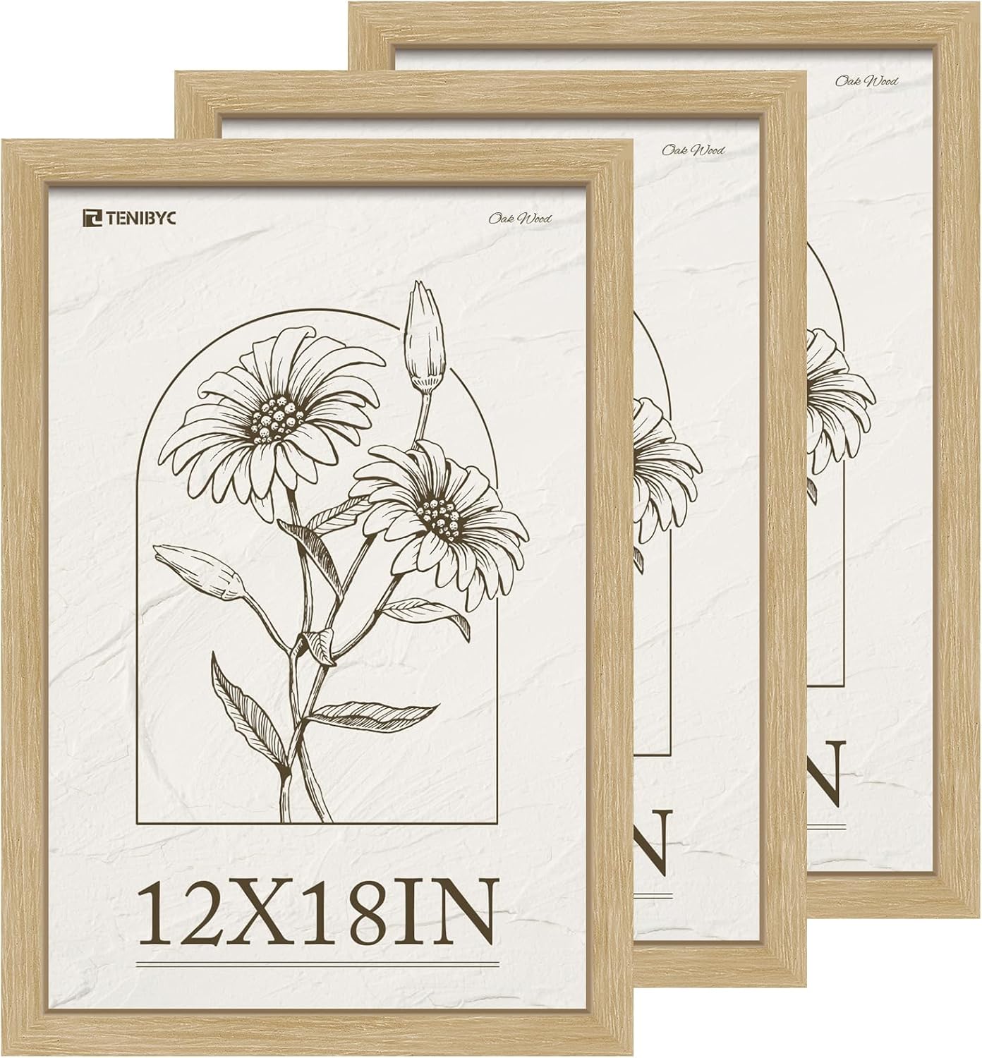 12x18 Frame Set of 3, Natural Oak Wood Picture Frame 12x18 for Photos, Posters and Art Prints, HD Tempered Glass, Wall Hanging 12 x 18