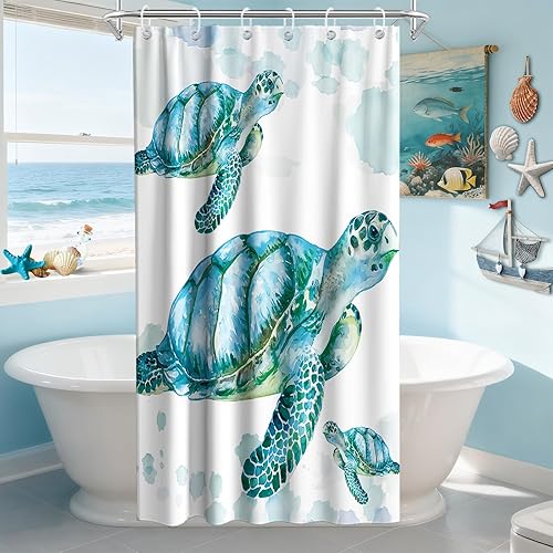 Vista 109 de Cortina de ducha de tortugas marinas, temática náutica de playa, verde y verde azulado, sin ganchos, punto gofre y forro desmontable, decoración