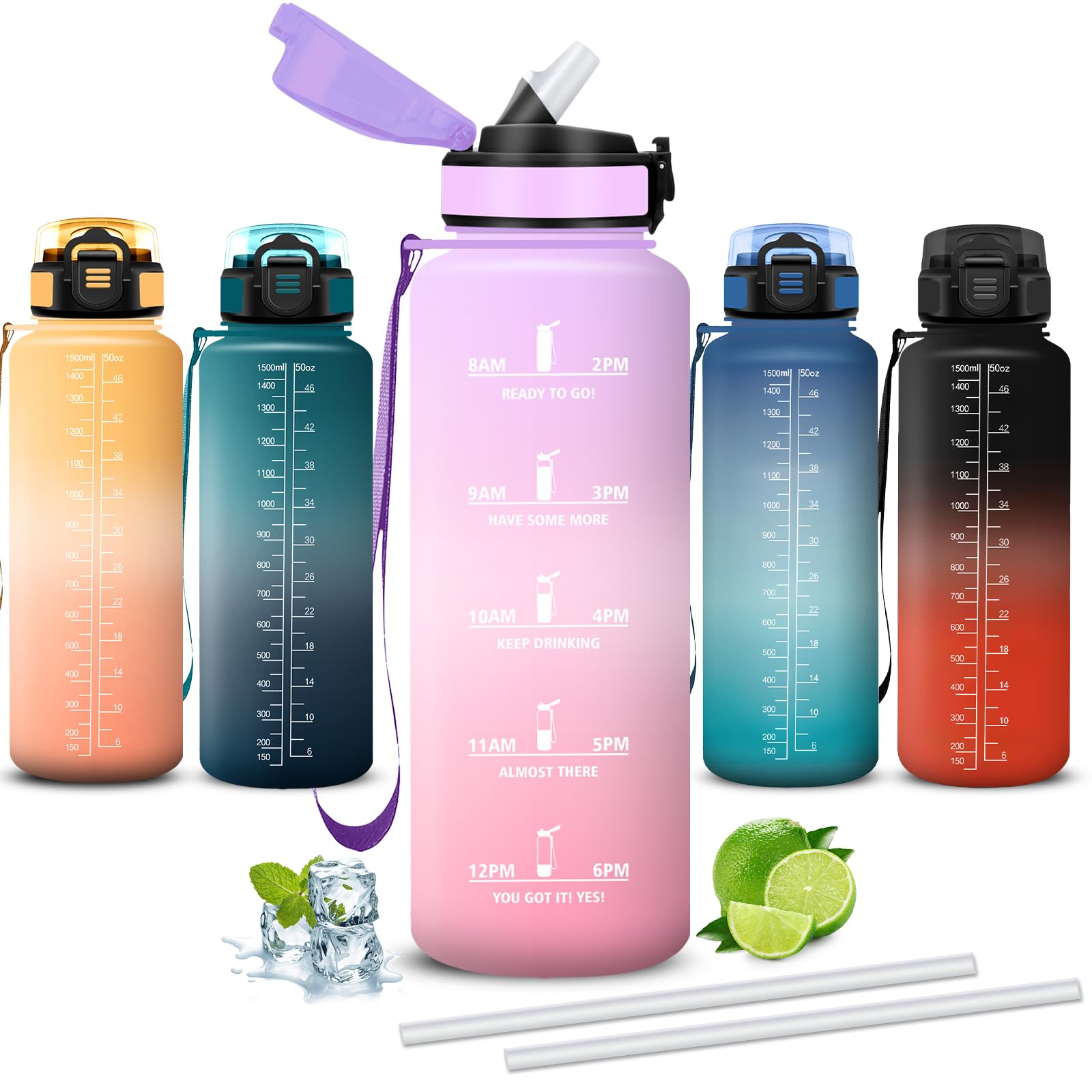 Mujigaga 1.5 Litre Water Bottle with Straw Leakless Gym Water Bottles Easy to Carry Motivational Water Bottles Wide Mouth for Running, Fitness, Camping, Basketball