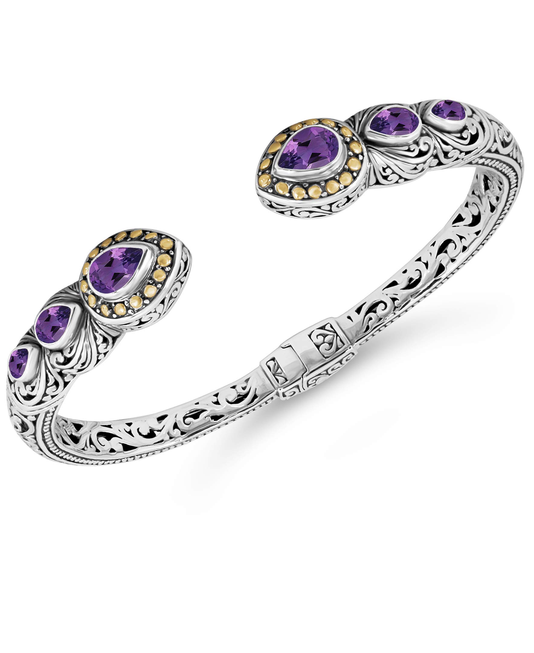 DEVATA Sterling Silver 925 and 18K Gold with Gemstones Bali Filigree Cuff Bracelet