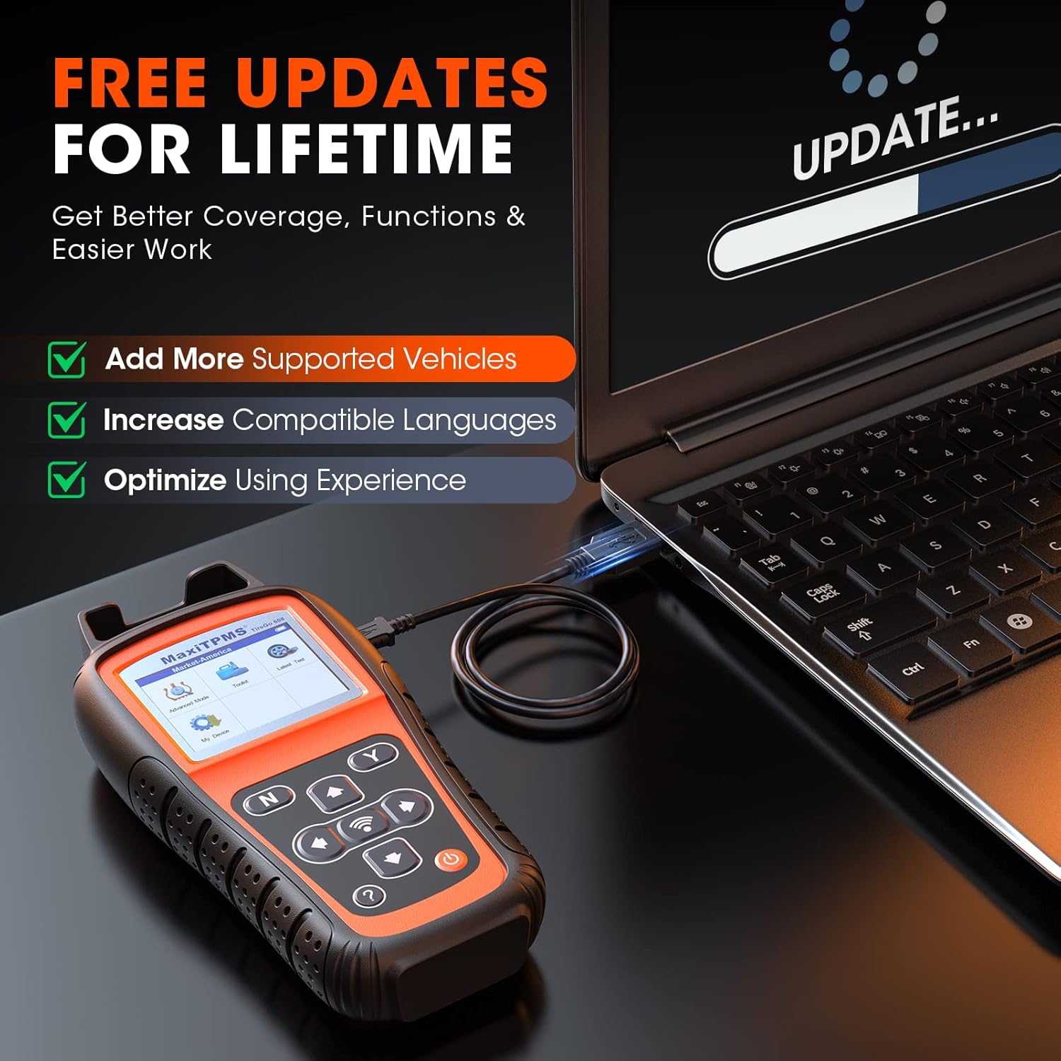 OTOFIX TireGo 608 connected to a laptop via USB cable, with an 'UPDATE...' progress bar on the laptop screen, illustrating the free lifetime update process.