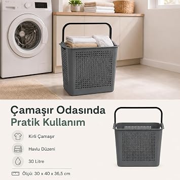 30 Litre Çamaşır Sepeti, Taşıma Kulplu Delikli Plastik Kirli Sepeti, Banyo Çamaşır Odası Yatak Odası ve Dolap Düzeni İçin Pratik Organizer (Gri)
