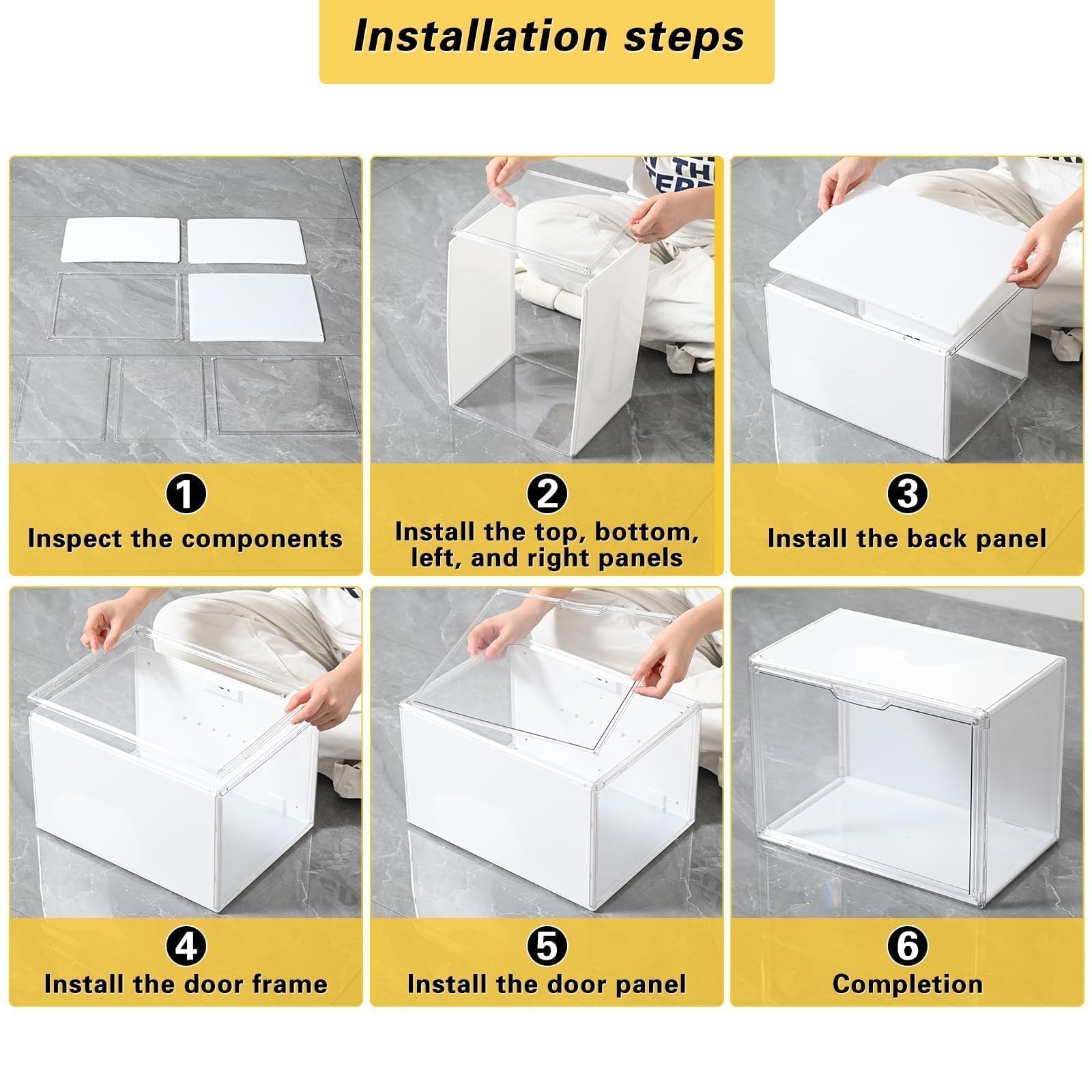 GUDEMAY 3er-Set Transparente stapelbare Kunststoffboxen mit Magnettür, LED | Staubdichte Acryl-Vitrine. Schaukasten für Figuren, Modellautos, Bücher, Schuhe & Handtaschen. Organizer für den Schrank
