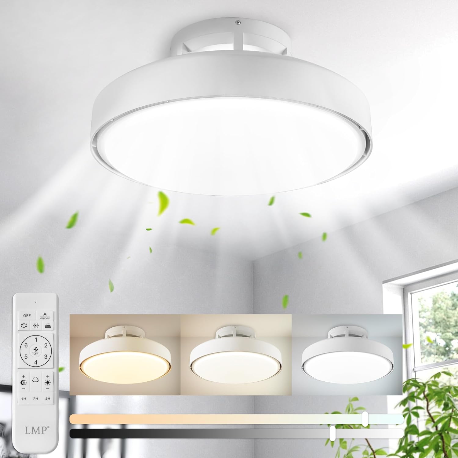 LMP 19" Modern Ceiling Fans with Lights, 19" Low Profile Ceiling Fan for Bedroom with Quiet DC Motor-Flush Mount Ceiling Fan with Remote Control Dimmable Bladeless Ceiling Fans for Indoor/Living Room