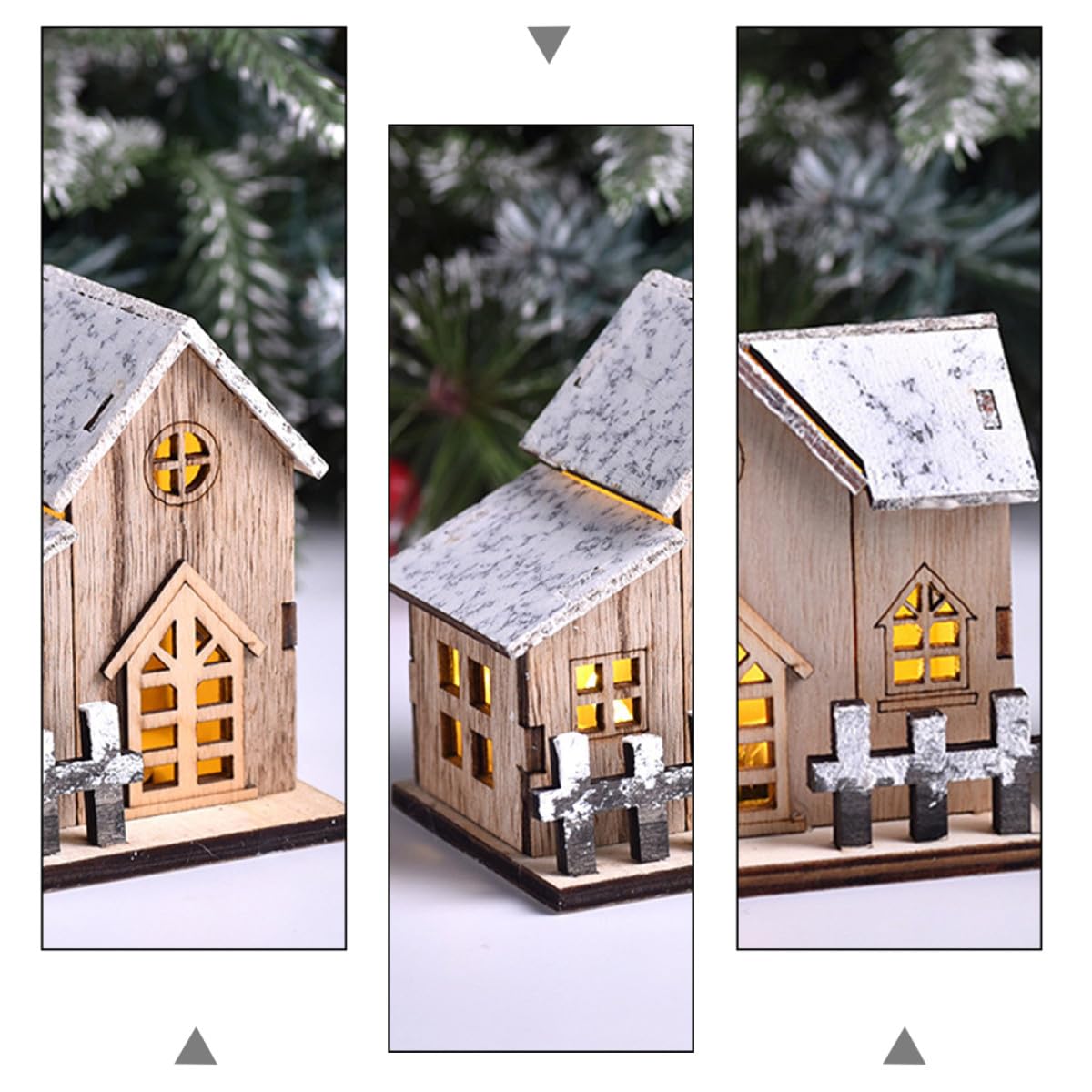3 Piezas Decoración Navideña Madera Luminosa Casas Pueblo con Luz LED para Interior Fiesta Xmas