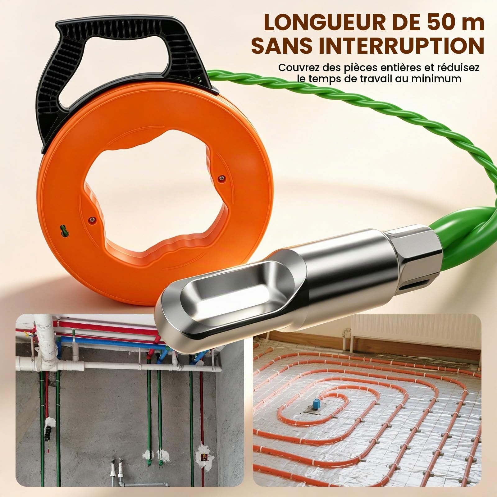 Aiguille Electricien 50m,4,5mm Tire Fils Electrique,Avec 1 Tire-Câble,2 Faisceaux De Câbles,Boîte De Rangement,Tire Câble Électrique Pour Câbles Et Travaux Électriques,Orange