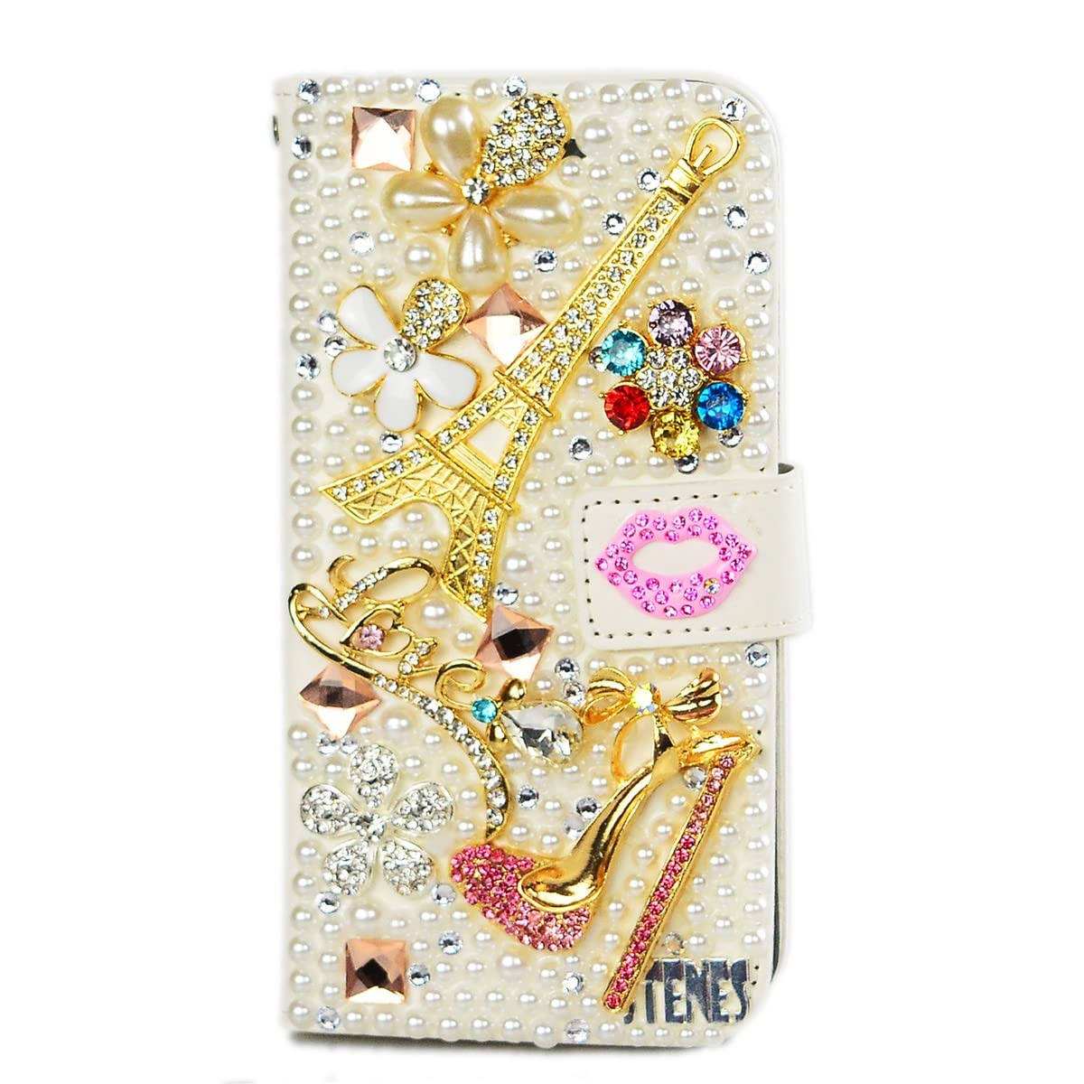 Fairy Art Crystal Wallet Case Compatible with iPhone 13 - Eiffel Tower High Heel - White - 3D Handmade Glitter Bling Leather Cover with Screen Protector & Beaded Phone Lanyard