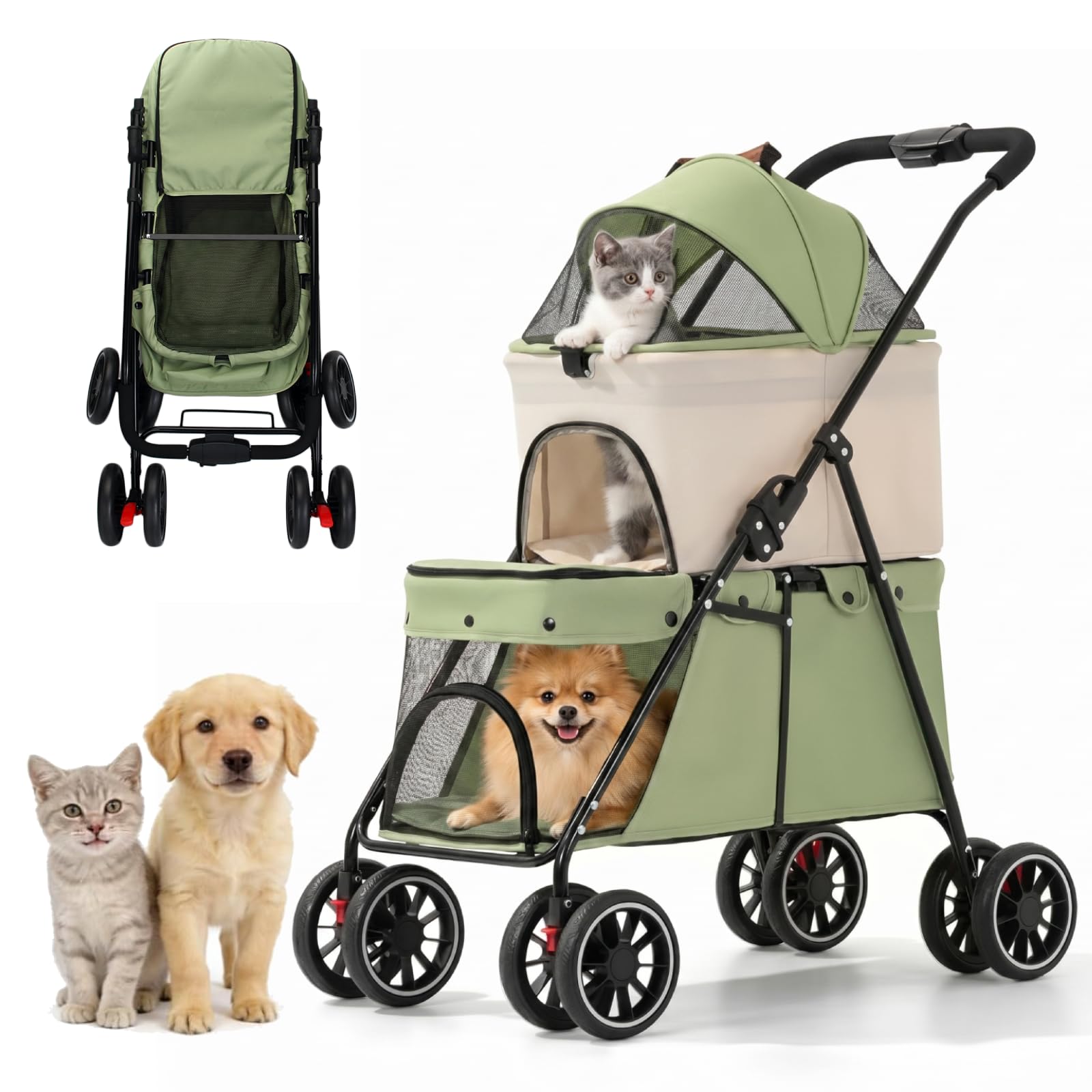 Simanli Double Pet Stroller for Small Cats Dogs Foldable 2 Carriages Portable Puppy Kittens Trolley 4 in 1 Pet Stroller 4 Wheels for Spring Summer Travel Camping Walk with Storage Bag Green