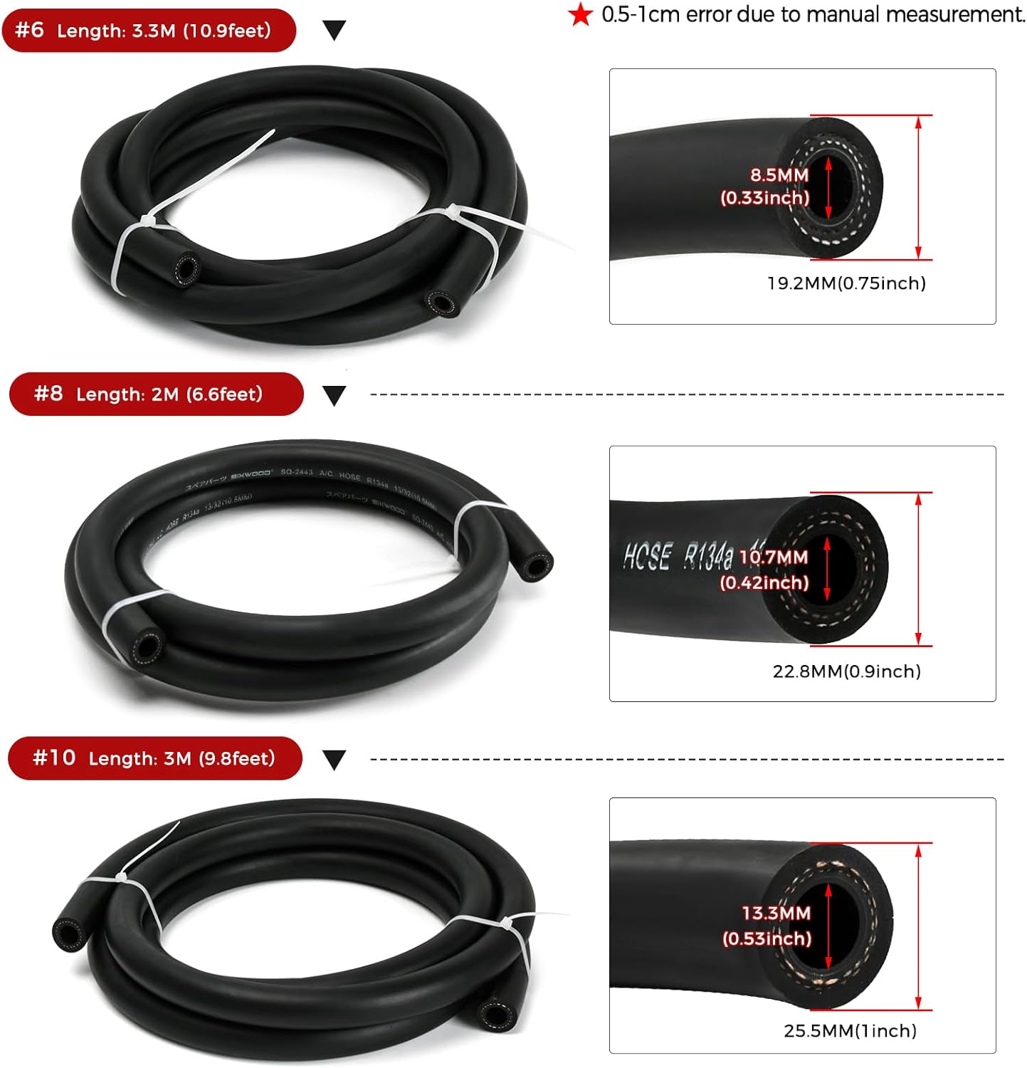 17PCS Air Conditioning Hose & Fitting Kit, Universal Air Conditioning Extended Length Hoses Includes 6.5ft #6#8#10 AC Hoses and #6#8#10 AC Fittings