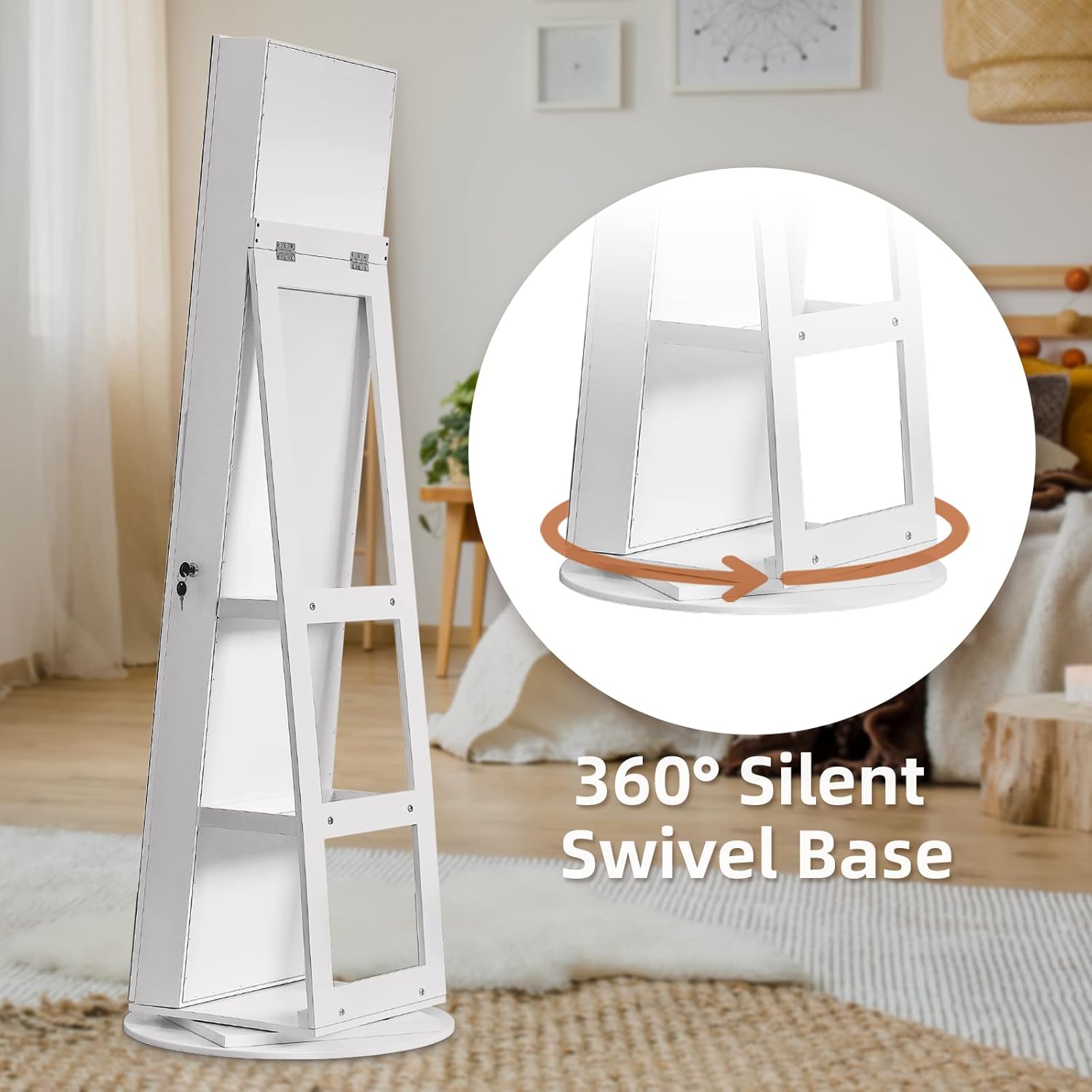 Close-up of the 360-degree silent swivel base of the jewelry cabinet.