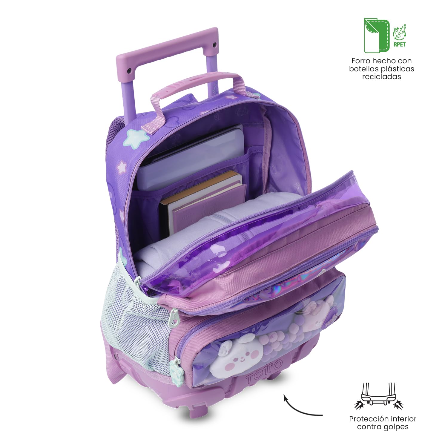 TOTTO - Mochila Escolar con Ruedas, Modelo Friends Party M, Mochila Mediana, Capacidad 23 L, Bolsillos Botella, 2 Compartimentos Frontales, Protección en la Base, Correas Ajustables, Estampado Morado