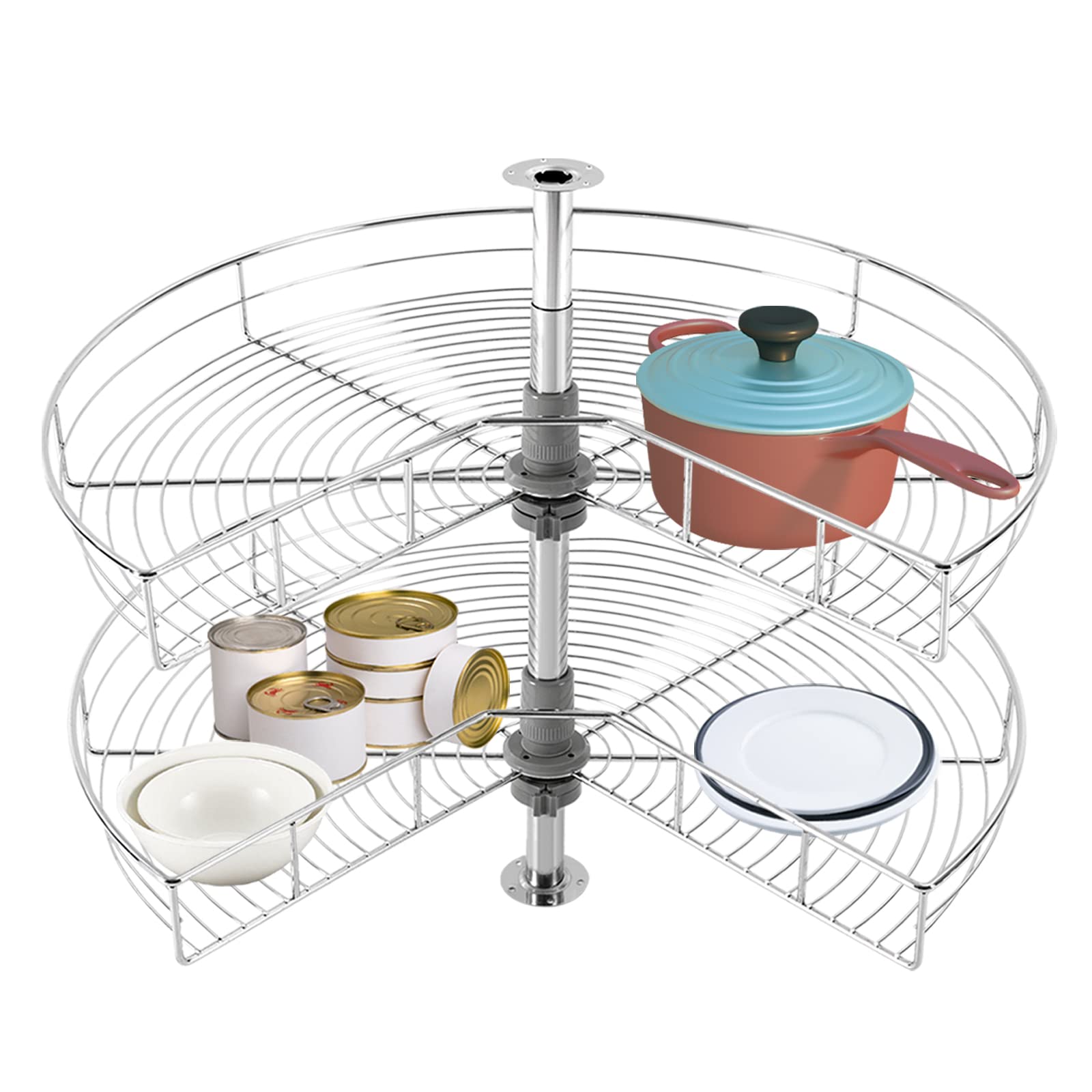 2 Tier Kidney-Shaped Lazy Susan, 28 Inches Rotating Turntable Storage Wire Trays for Kitchen Base Cabinet Blind Corner Storage with Telescoping Mount