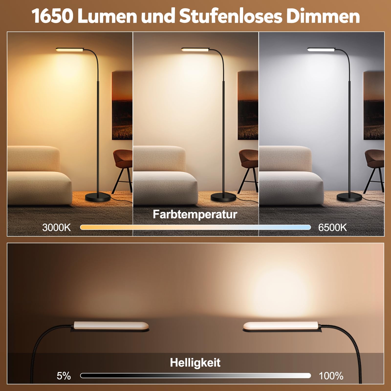 LED Stehlampe Dimmbar 18W 1650LM Schwarz,Standleuchte Wohnzimmer mit 360° Schwanenhals & Unendlich Dimmer (3000K-6500K),Leselampe Fernbedienung (Retro)