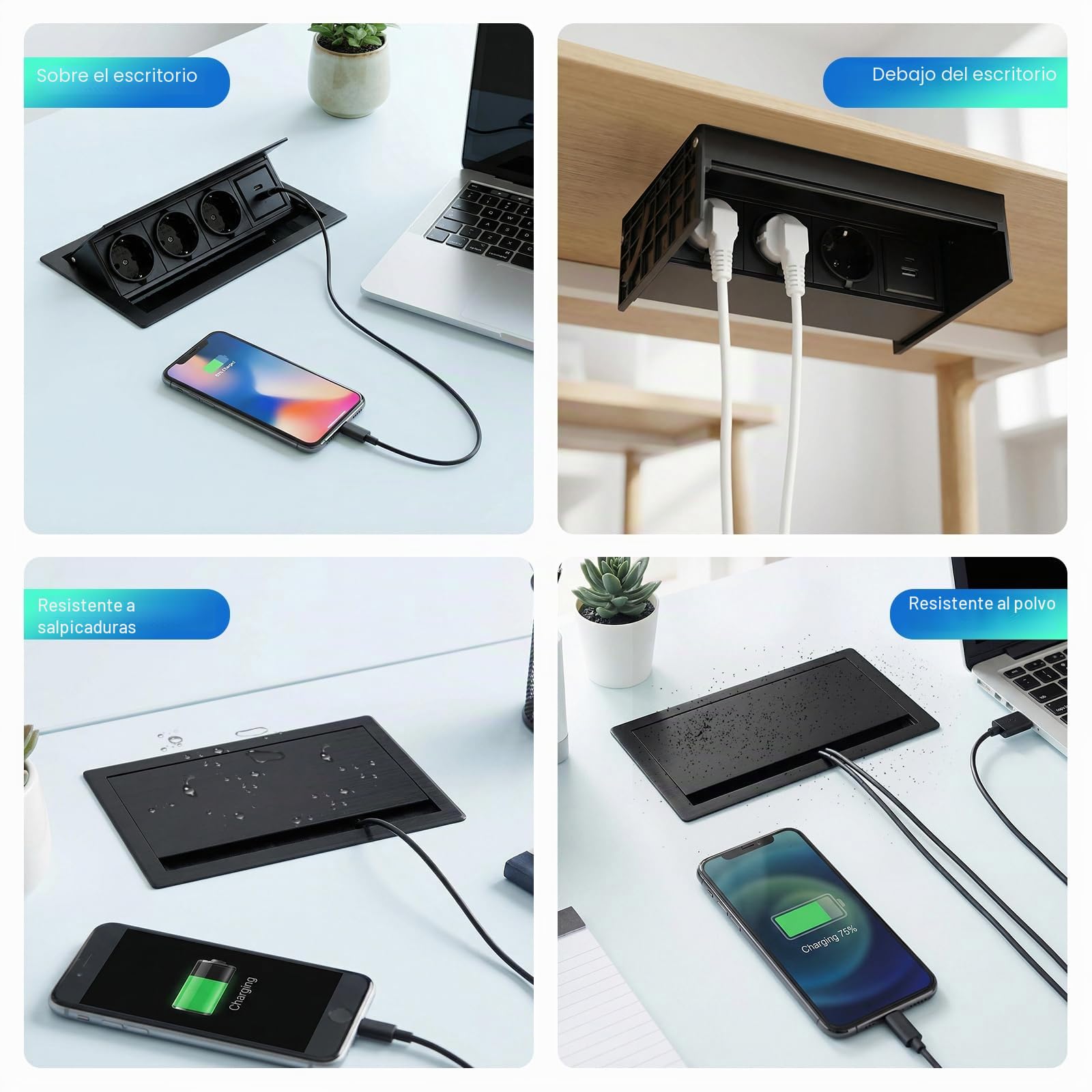 Empotrable Enchufe Mesa, 3 Tomas, Regleta Empotrable con 1 USB-C 1 USB-A, Multipresa Mesa en Aluminio, Cable de Alimentación 2m, 20W USB, para Oficina, Sala de Juegos, Sala Reuniones, Cocina 2500W