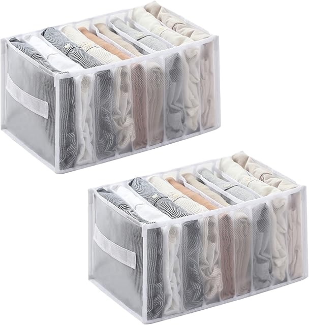 Puimentiua Clothes Drawer Organizer Jeans Storage Box Large Size Grids Wardrobe Storage Foldable Drawer Divider (32 * 25 * 17 cm(9 grids for shirts)/2pcs, White(with handle))