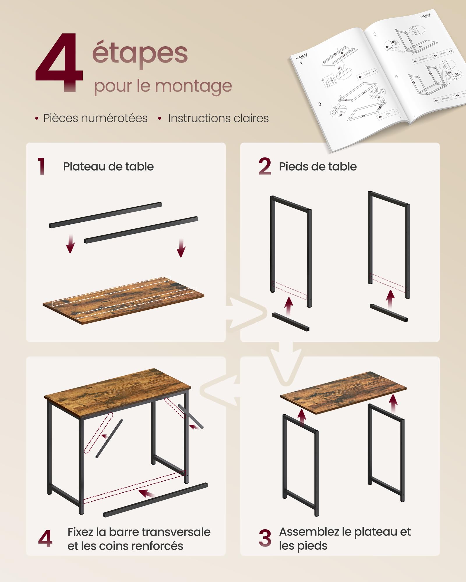 VASAGLE Bureau d'Ordinateur, Table, 50 x 100 x 76 cm, pour Bureau, Chambre, Salon, Cadre en Métal, Marron Rustique et Noir d'Encre LWD41XV1