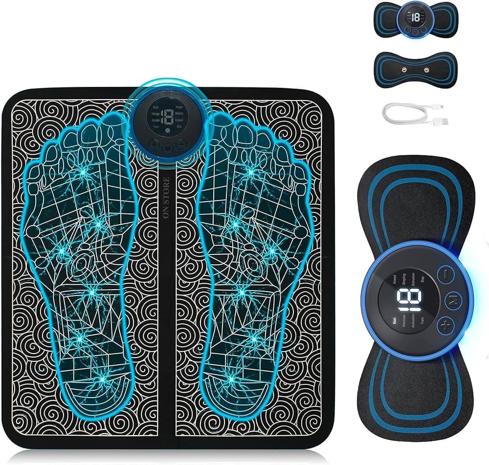 (Combo) Foot & Body Massager | Wireless EMS Pain Relief Machine | Rechargeable Portable Folding Device with 8 Modes & 19 Intensity Levels for Legs, Hands & Therapy (Black, 2025 Model)