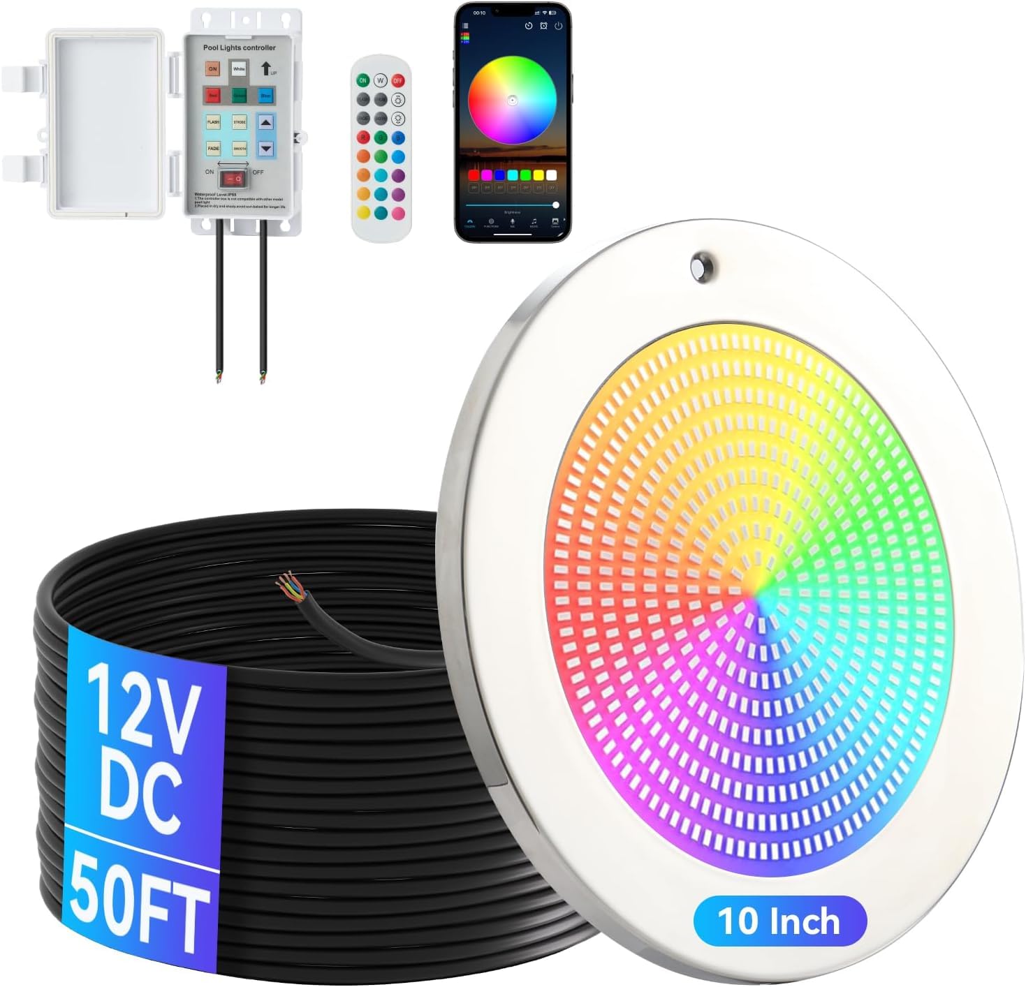 Photo 1 of Missing manual control panel---------------------------------Smart Pool LED Pool Lights, Wall Mounted, 54W 12V for Inground Pool, 10 Inch, 50FT Cord, Waterproof 2-in-1 Controller & Transformer, Remote & App Control, Lifetime Replacement Program