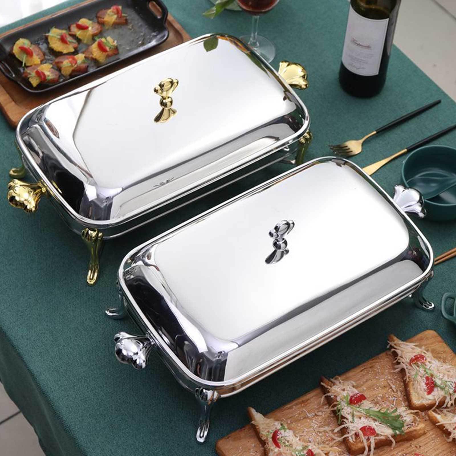 Chafing Dishes per Buffet 1 Confezione, Chafer Rettangolare in Acciaio Inox per Catering con Coperchio, Chafer e Set Scaldavivande a Buffet con Vaschetta per Cibo e Acqua, Telaio, Porta Combustibile