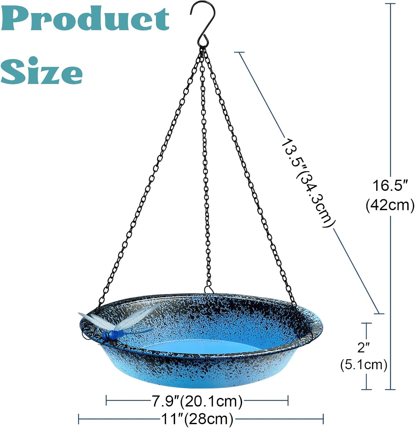Hanging Bird Bath for Outdoors 11.4 inch Metal Birdbath Bowl with Detachable Black Chains & Hook Outdoor Hanging Bird Feeder for Tree, Window, Patio, Backyard, Gift for Bird Lovers (Blue)