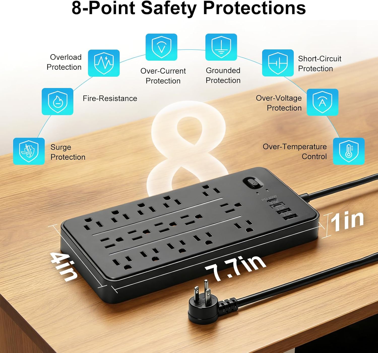 Surge Protector Power Strip with 15 Outlets 4 USB Ports for 20W, 6.5 Feet Flat Plug Extension Cord with Multiple Outlets, Power Strips with Surge Protection 2700J for Indoor Home Office Supplie, Black