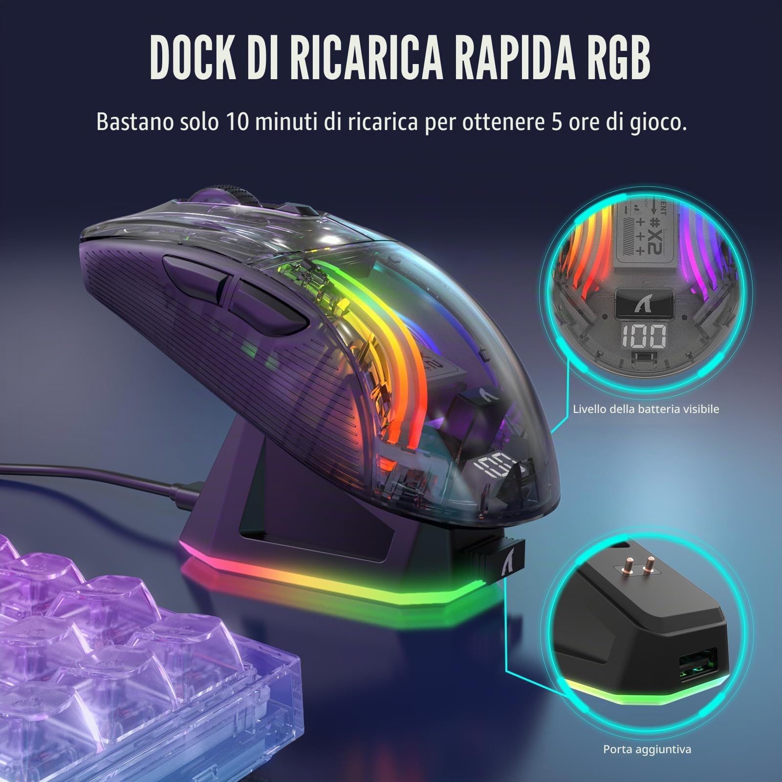 ATTACK SHARK X2 Pro Mouse Gaming Wireless con Station di Carica, Guscio Trasparente, Mouse Bluetooth RGB Ricaricabile Silenzioso a Tre modalità(BT5.0/2.4G/Tipo C) PixArt 3212, 4000 DPI, PC/MAC, Nero