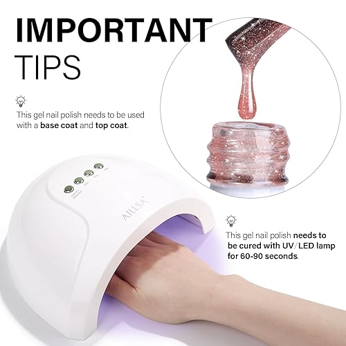 Vista 24 de AILLSA Esmalte de uñas de gel iridiscente con purpurina, esmalte de gel de gelatina brillante rosa coral, lámina holográfica, color translúcido