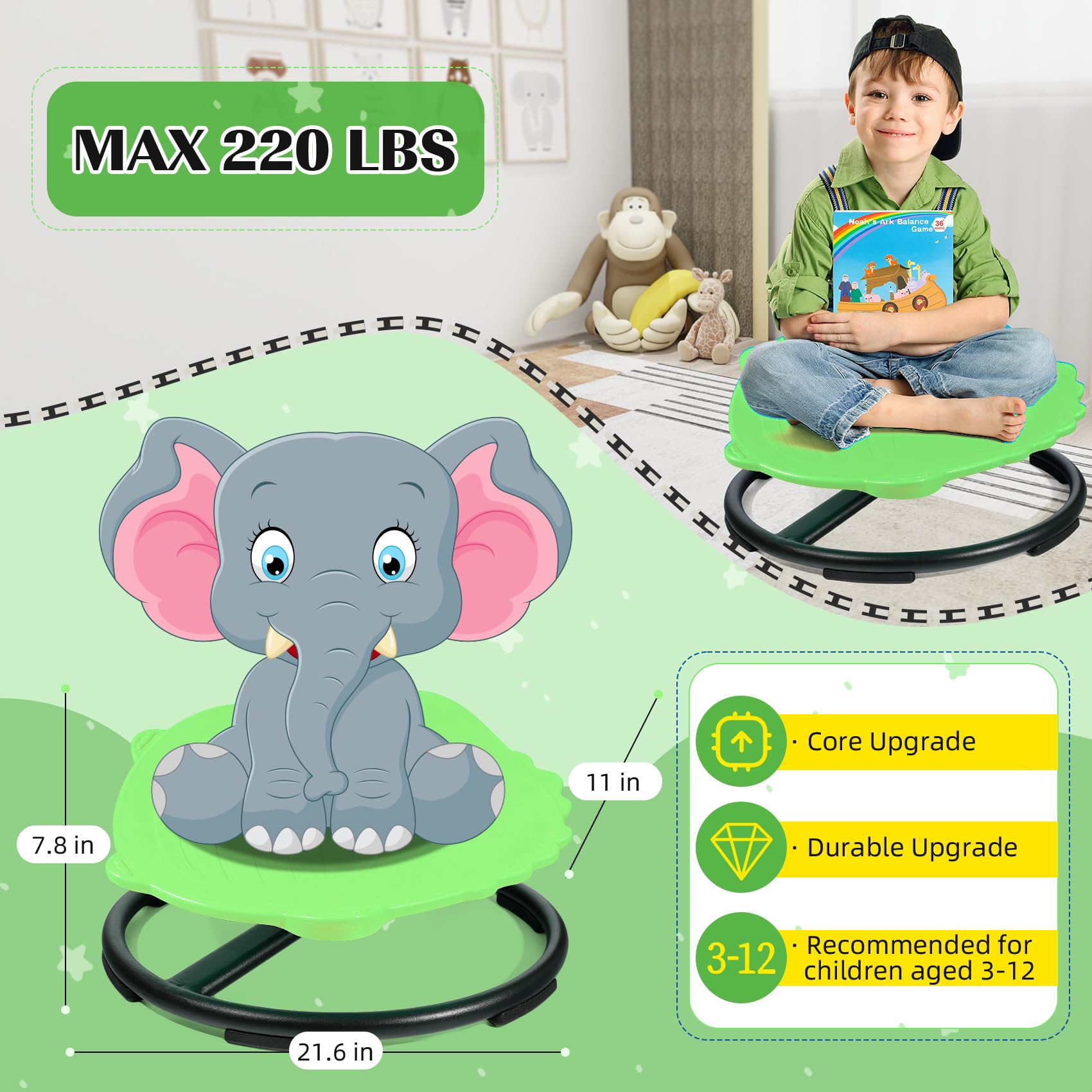 2025 New Upgraded Dinosaur Kids Sensory Swivel Chair, Autism Spinning Chair for Body Coordination Training, Autism Sensory Chairs for Autistic and ADHD Kids, Spin Seat, Non-Slip Metal Base(Green)