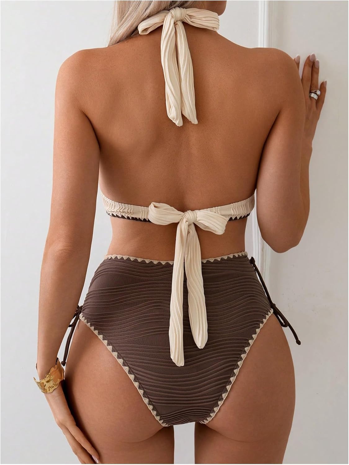 SOLY HUX Women's 2 Piece Halter Bikini Sets Y2K Cute Tie Back Swimsuits Summer Colorblock Beachwear Bathing Suits - Image 2