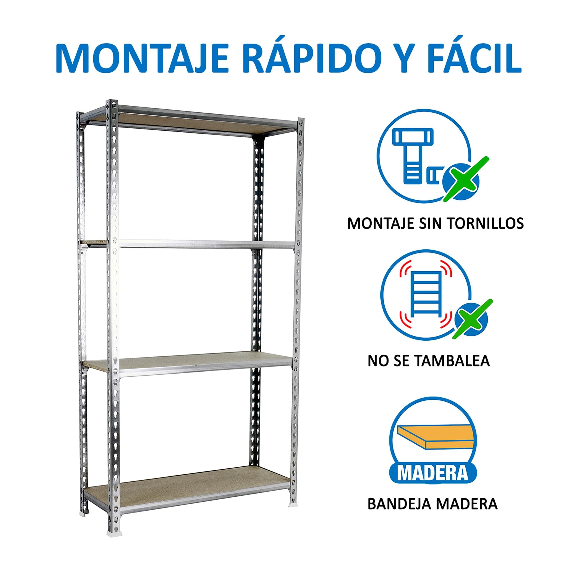 Simon Rack Estanterias Metalicas, 1500x900x500 mm, 4 Baldas de Madera, 150 kg de Punto Flexión, Estanterias Almacenaje, Galvanizado/Madera - Maderclick