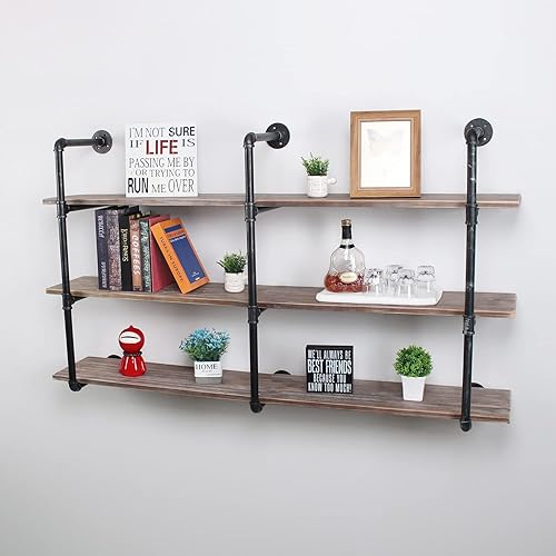 Miniatura 3 de MBQQ, Estantes de tubería industrial con madera, estante de montaje en pared rústico, estantería de metal colgada, estantería flotante de