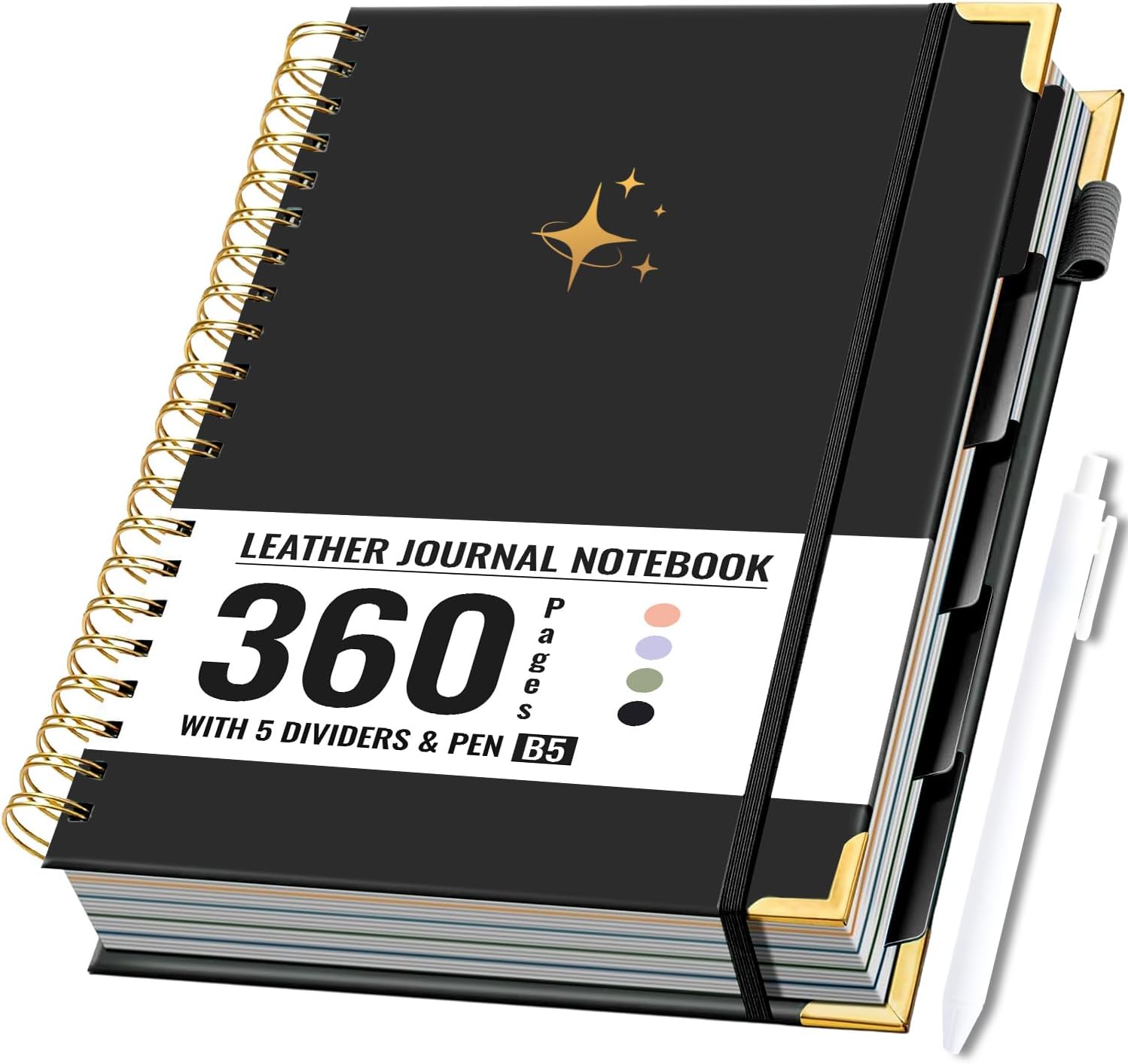 Leather Spiral Notebooks for Work 5 Subject Notebook College Ruled with Dividers Pen, 360 Pages B5 Hardcover Lined Journals for Women Men Writing,Black