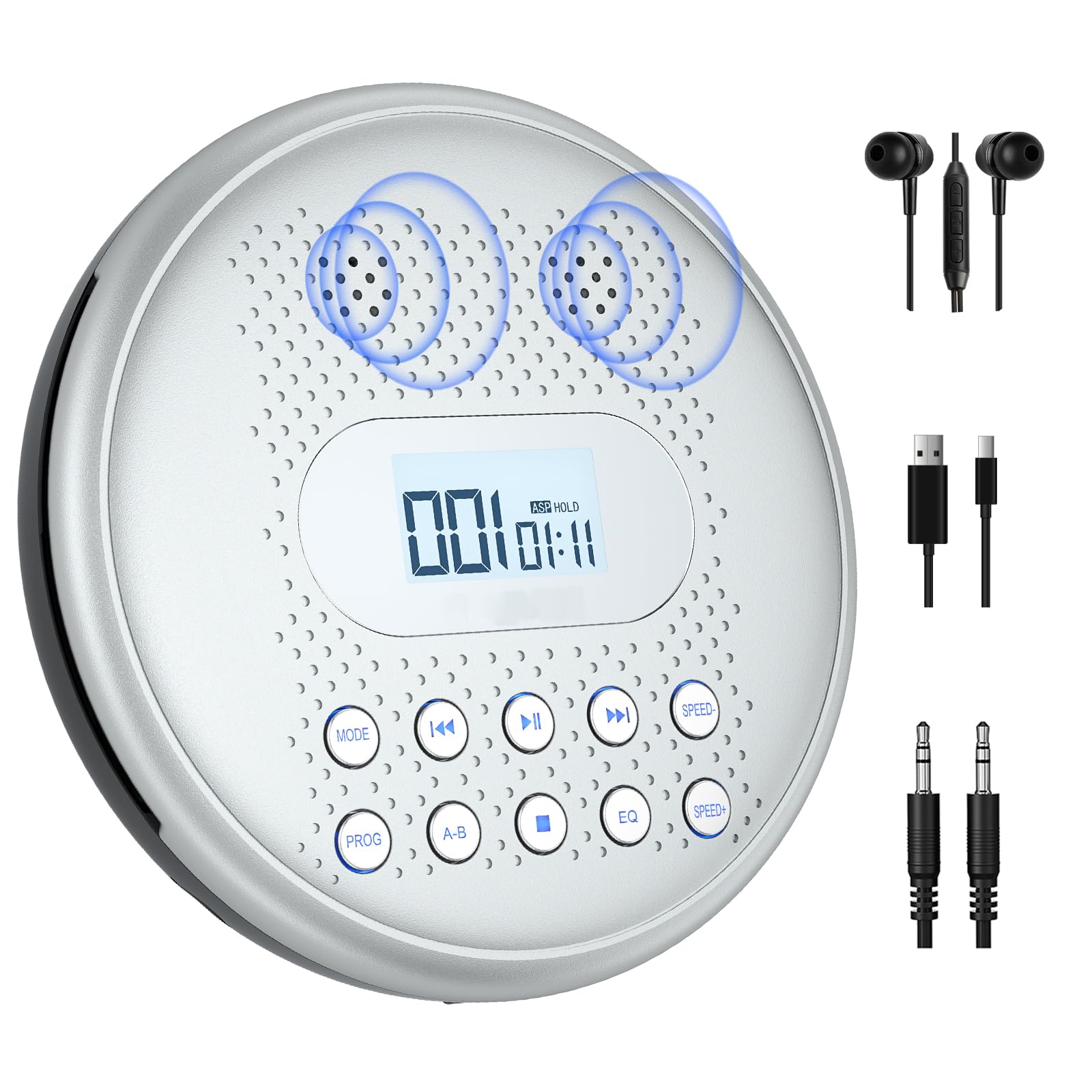 ARAFUNA CD Player Portable, Rechargeable Portable CD Players for Car with Speakers, Anti-Skip Small CD Player with Backlit Button, LCD Display and AUX Cable