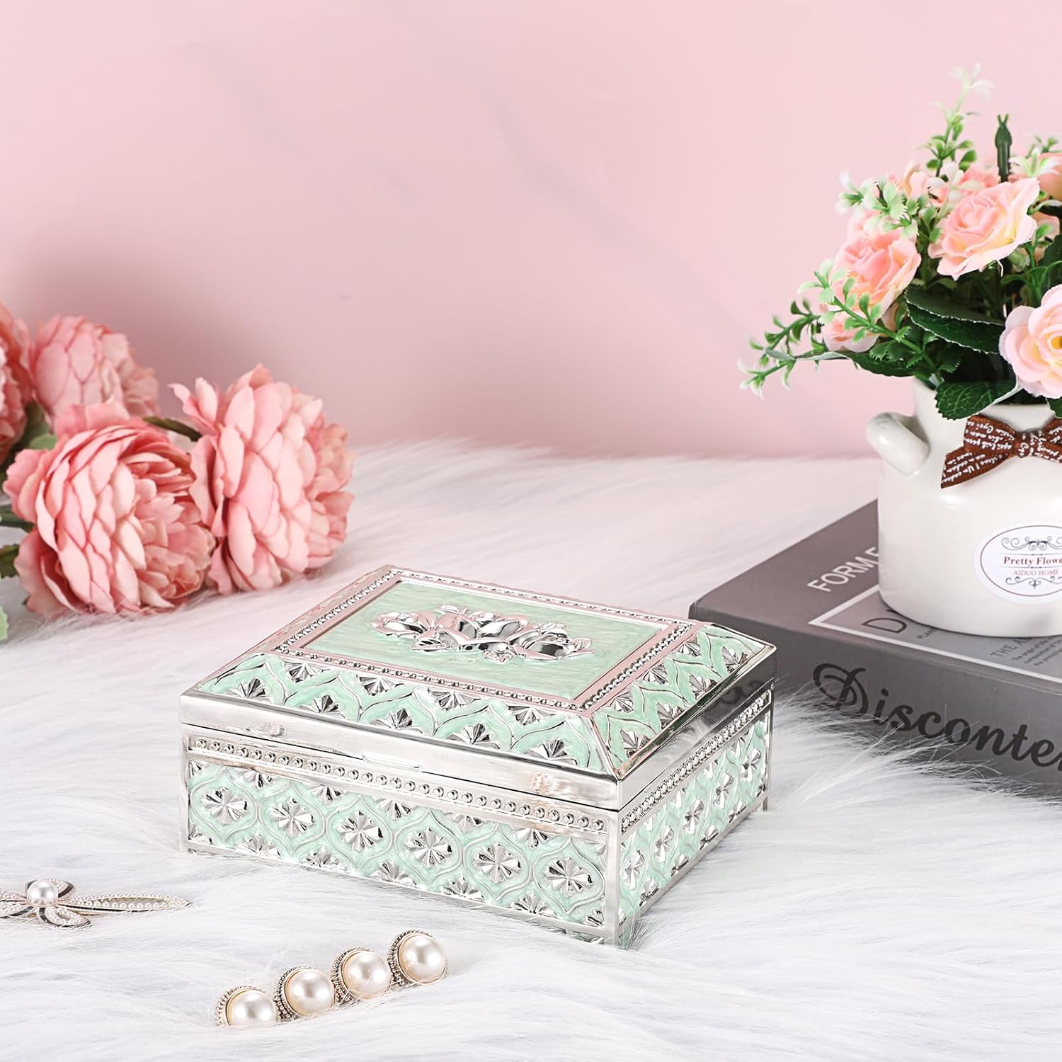 Hipiwe Vintage Metal Jewelry Box Floral Gorgeous Jewelry Trinket Box for Ring Earrings Necklace Rectangle Trinket Case Decorative Keepsake Box for Women,Pale Green - Image 4