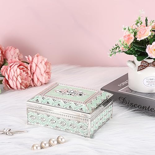 Miniatura 4 de Hipiwe Joyero de metal vintage con diseño floral, preciosa caja de joyería para anillos, aretes, collar, caja rectangular para baratijas, caja