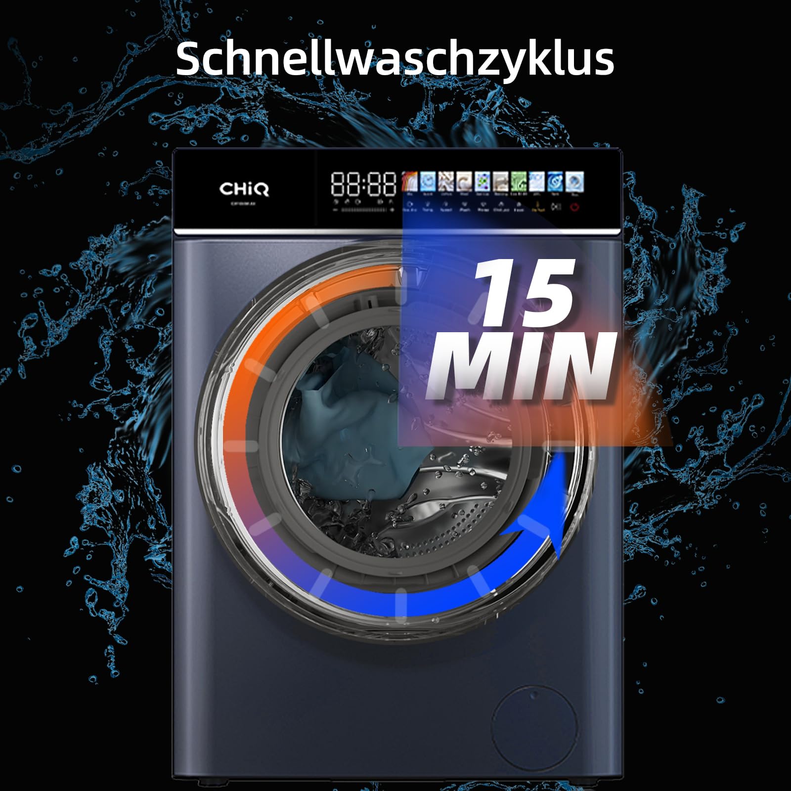 CHiQ Waschmaschine 8kg Frontlader, 1400 U/min, EEK A-15%, Touchscreen, Dampffunktion, 52cm tief, Schwarz