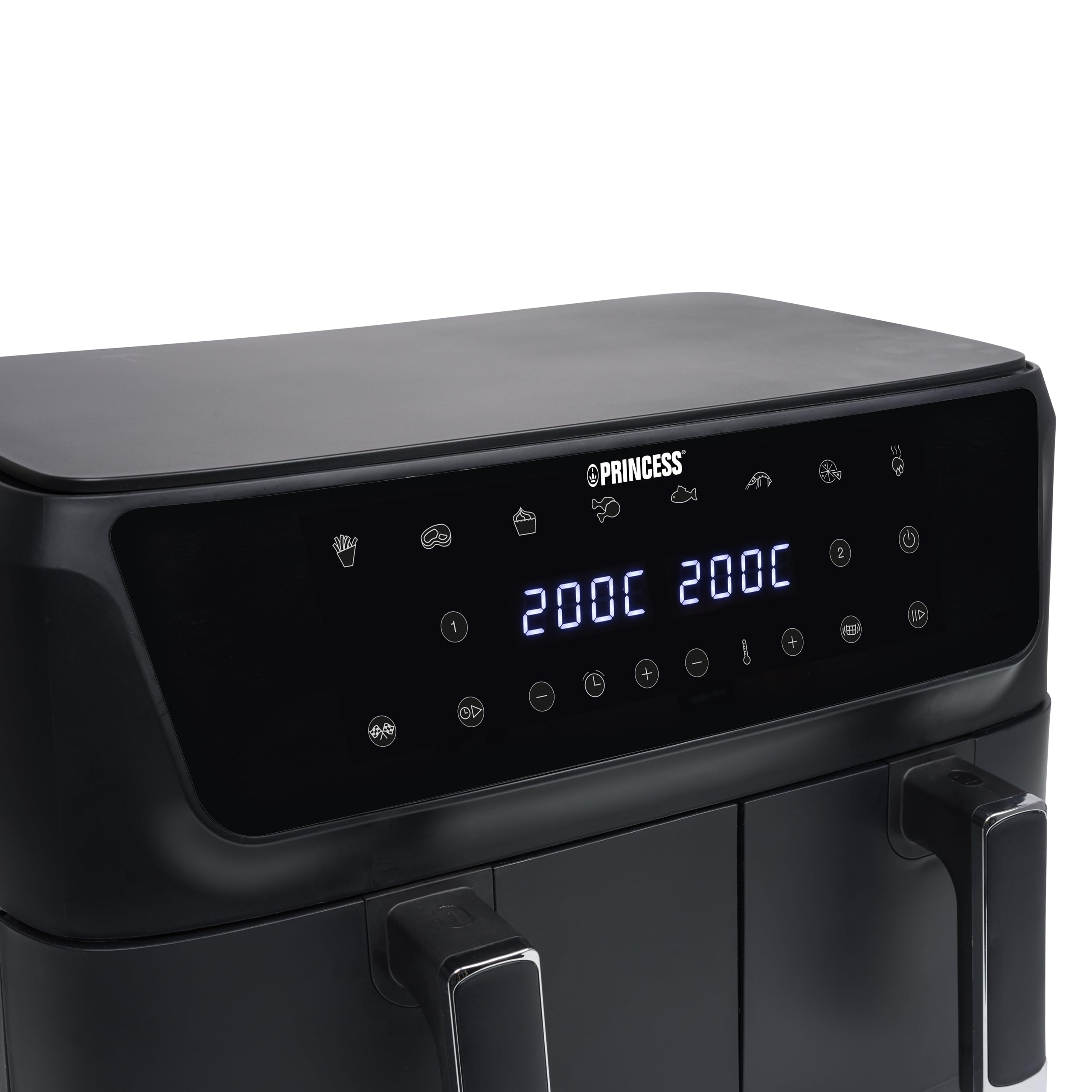 Princess Doppelkorb Heißluftfritteuse mit Digitaldisplay, 11 L Gesamtvolumen, 2 Körbe (6,5 L & 4,5 L), 2700 W, 8 Automatikprogramme, 80–200 °C, Antihaftbeschichtung, 182470