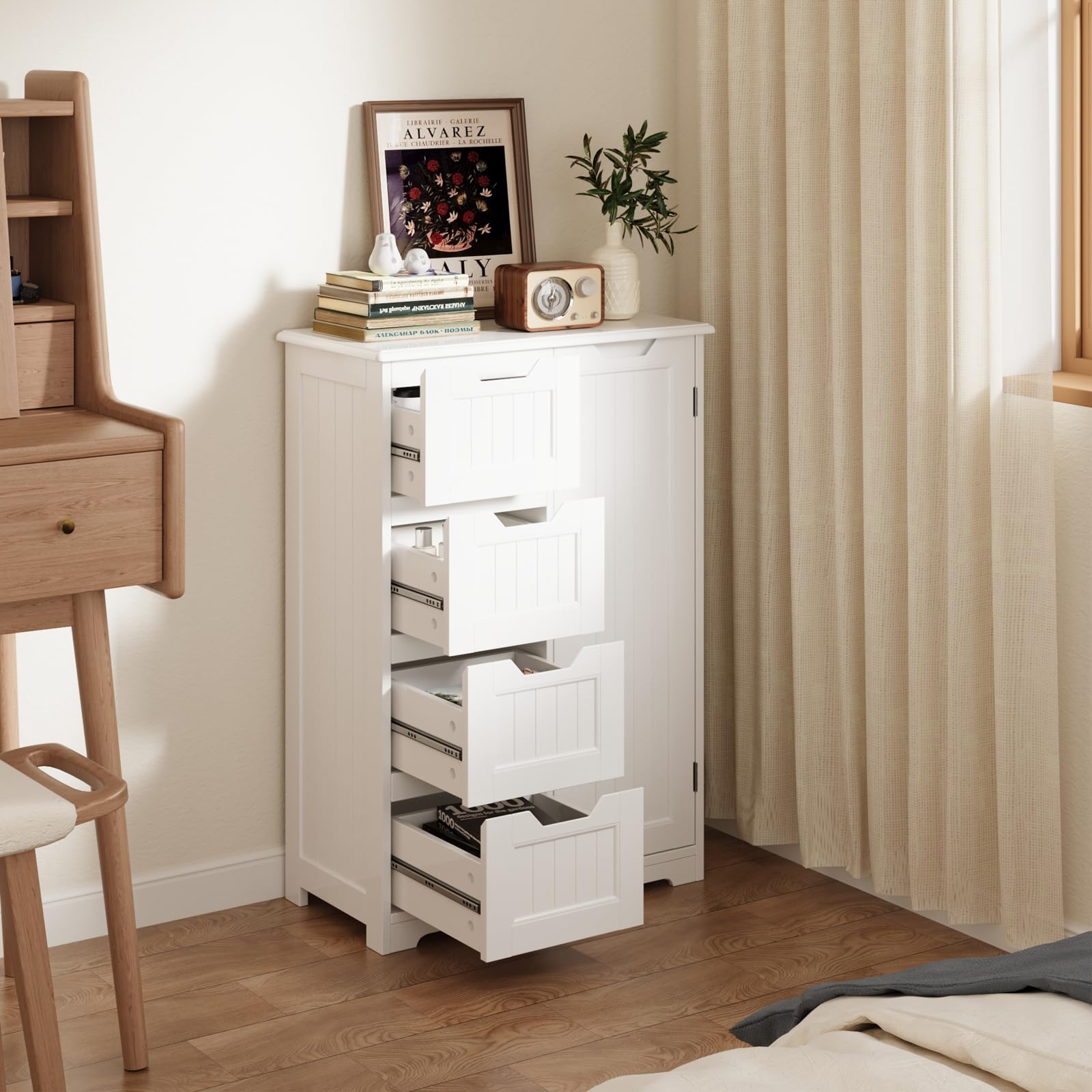 Bealife Aparador de Cocina, Mueble de baño con 4 cajones y 1 Puerta, aparador con estantes Ajustables para Cocina, baño, salón y Dormitorio.30 x 60 x 85cm(Blanco)