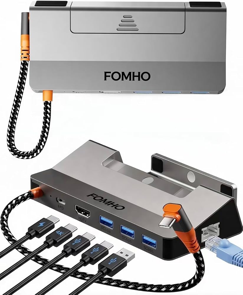 Aluminum Alloy Steam Deck Dock Station for Steam Deck (OLED)/ROG Ally/Legion Go/Switch 2/1 – Magnetic Foldable Base, 4K@60Hz HDMI 2.0, 100W PD, USB 3.0, (Attached USB4 Extension Cable)