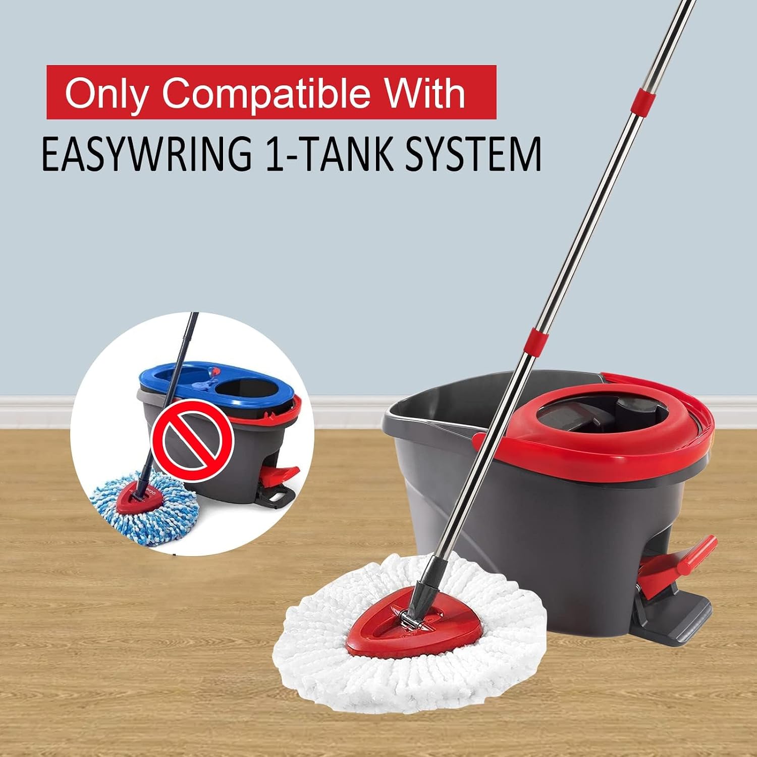 Spin Mop Handle,Head,Base Replacement Compatible with Easywring Microfiber Spin Mop - Replace 30-58in Stick/Pole+5Head Refill+1Base for Easy Wring Spinning Mop Only 1Tank System